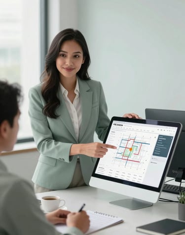 Professional real estate agent presenting a digital site plan to a client in a modern Southeast Asian / Indonesian office setting. Bright misty sage and pale mist color scheme.
