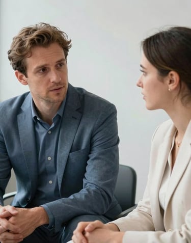A portrait of two financial experts in a focused conversation. Western European / Luxembourgish context, wearing understated slate blue and off-white business attire. Soft office lighting, professional and trustworthy atmosphere.