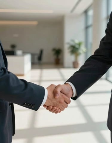Candid photography of a handshake between two professionals in a sunlit, minimalist lobby in Luxembourg. The image conveys trust and the closing of an important agreement. Elegant and discreet.