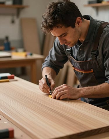 A professional craftsman working on a bespoke wood interior panel in a workshop, focusing on the precision of the work. The lighting is focused and warm, with brand colors subtly present in the workshop gear.