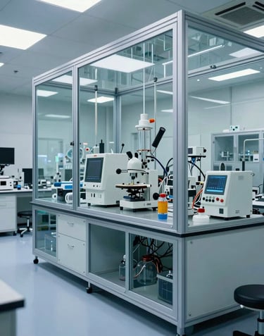 Interior shot of a high-tech energy research laboratory in the US, with clean glass surfaces and advanced scientific equipment, bright cool lighting, reflecting innovation.