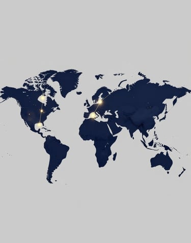 A stylized world map with glowing nodes connecting Cairo to major US cities like New York and Los Angeles. Minimalist design with navy and gold accents.
