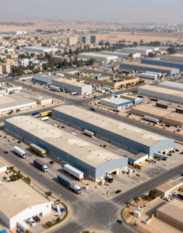 An aerial view of an Egyptian industrial zone, featuring modern factory buildings and logistics trucks. Crisp, professional photography with a focus on scale and efficiency.