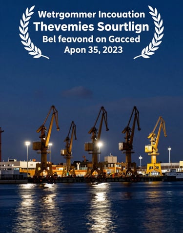 A panoramic photograph of the shipyard cranes standing tall against a deep dark navy blue twilight sky, with shimmering cloud white lights reflecting on the water.