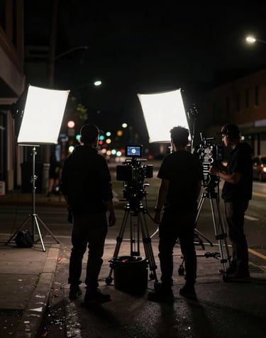Silhouettes of a film crew working on a North American / US city street at night, illuminated by soft alabaster white production lights, cinematic atmosphere with deep obsidian black shadows.