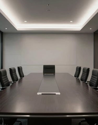 An interior shot of a sophisticated North American boardroom. A long, dark charcoal table reflects the soft silver lighting from the ceiling. The aesthetic is minimal, clean, and projects corporate authority.