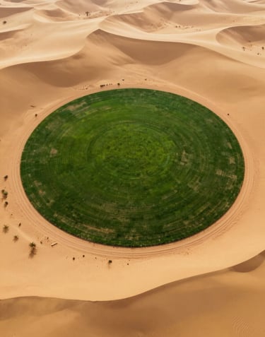 Aerial view of a circular desert greening project, a lush green circle in the middle of a golden desert, professional and inspiring.