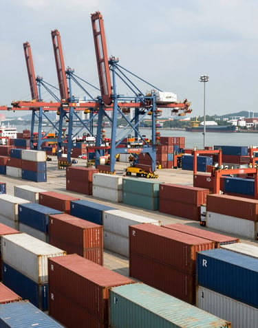 A wide photography shot of a bustling, modern container terminal in Southeast Asia, highlighting the scale of commodity trade and logistics in Global Emerging Markets.