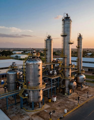 A high-angle view of a sophisticated industrial processing facility in Africa at sunset, with warm lighting and deep blue shadows, showcasing real economy infrastructure.