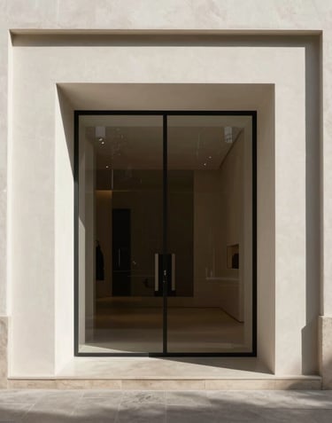 A square, high-end architectural shot of a minimalist Spanish gallery entrance. Deep shadows and off-white highlights, focusing on geometric lines and a sophisticated atmosphere.