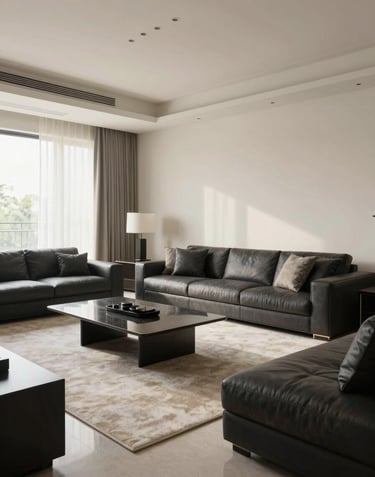Wide-angle photography of a luxury Brazilian living room designed with clean lines and sophisticated furniture. Soft morning light fills the room, highlighting off-white walls and charcoal decor elements. The composition is balanced, inviting, and professional.
