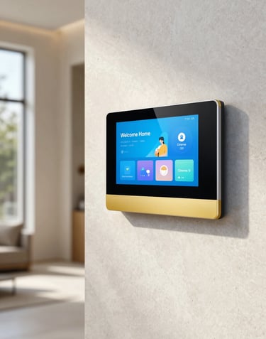 An elegant wall-mounted smart touch panel in a sunlit villa hallway. The screen displays an intuitive UI with 'Welcome Home' and 'Cinema' scenes. The panel bezel is a polished energetic gold (#A8875D) against white stone.