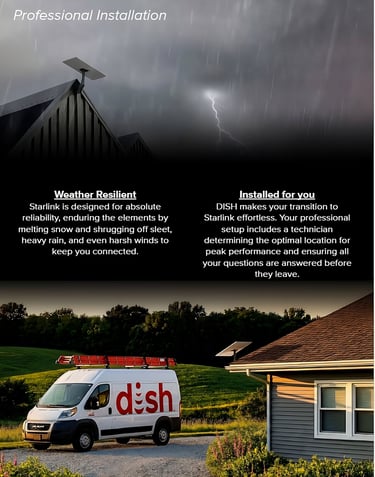 DISH professional installation van parked outside a home with a weather-resilient Starlink satellite dish mounted on the