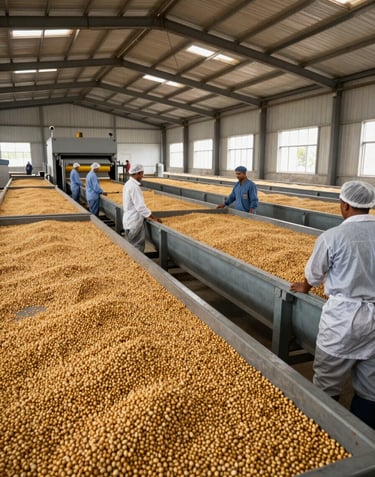 A panoramic interior shot of a well-lit, industrial Makhana processing unit in Bihar, showing workers in hygienic gear and rows of high-quality produce.