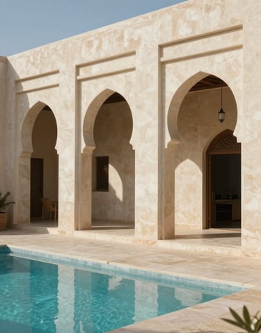 Photography of a luxury modern riad exterior in a North African / Moroccan setting. Clean Ivory lines, Sand-colored stone walls, and a minimalist swimming pool.