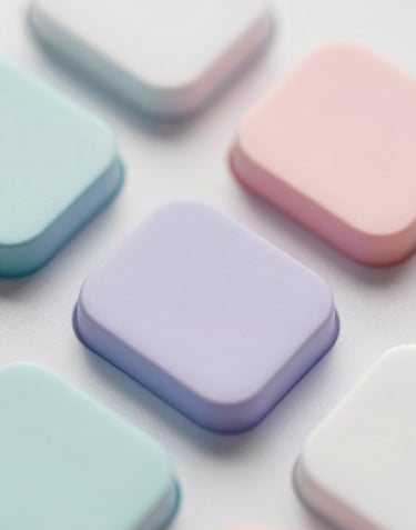 Close up of a tactile digital interface with large rounded buttons and soft shadows, pastel color scheme, representing hybrid experiences.