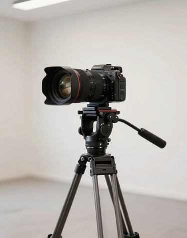 Behind-the-scenes shot of a professional camera setup with a 360-degree lens on a tripod, positioned in a bright, modern studio with off-white walls and light grey floors. The atmosphere is professional and high-tech.