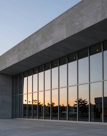 An architectural detail of a modern performing arts center in North America, showing clean gray lines and expansive glass windows reflecting a sunset.