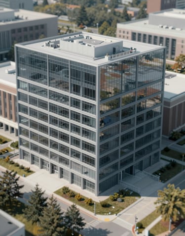 A high-angle architectural photograph of a modern university building in the USA, showing glass reflections and steel structure in #6E8898 tones.