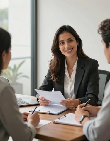 A professional real estate consultant in a South American / Brazilian setting, meeting with a couple in a bright, modern office to discuss property plans. Soft daylight, professional atmosphere.