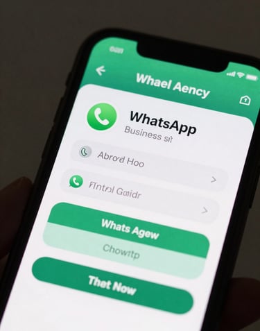 A close-up shot of a smartphone screen showing a professional WhatsApp business profile for a travel agency, with automated reply buttons visible. Professional aesthetic.