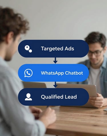 A professional infographic showing a 3-step process: Targeted Ads -> WhatsApp Chatbot -> Qualified Lead, in shades of #2C7DA0 and #0F2C3D.