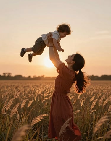 A large vertical photograph of a young mother lifting her child in the air amidst a field of tall grass. The sun is setting behind them, creating a brilliant rim-light effect. The color palette is dominated by warm soft sand and deep terracotta. Authentic and full of motion.