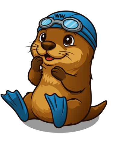 De vrolijke baby otter mascotte van NextWave zwemschool in Liedekerke met zwembril en badmuts.