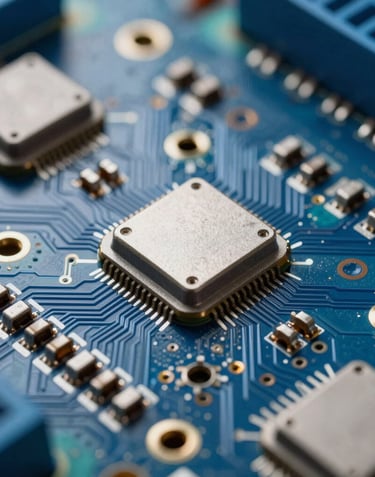 Macro photography of advanced electronic circuitry and instrumentation sensors, featuring blue and silver tones, highlighting technical precision in electrical services.