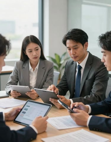 A group of Southeast Asian professionals in a brightly lit, modern office meeting room, discussing business strategies over digital tablets and documents.
