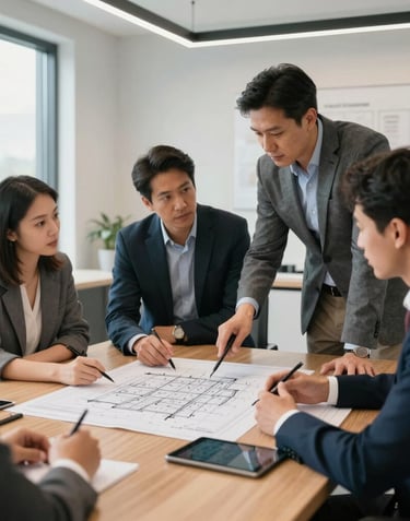 A professional interior photograph of a light-filled North American boardroom where real estate consultants are discussing strategy over property blueprints and digital tablets.