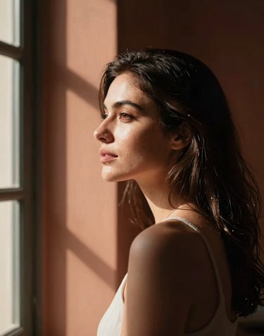 A lifestyle photography shot of a woman looking out a window with warm charcoal shadows and bright terracotta sunlight hitting her face, cinematic composition, authentic and peaceful mood.