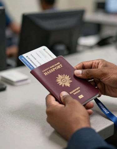 Close-up of a South Asian / Indian traveler's hands at a check-in desk, holding a passport and an airline boarding pass with a blue and white lanyard, professional lighting.