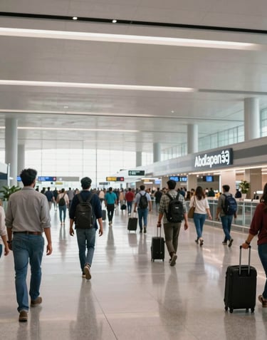 Wide shot of the sleek, modern interior of an international airport terminal in Mumbai, South Asian / Indian travelers moving through a bright and airy hall.
