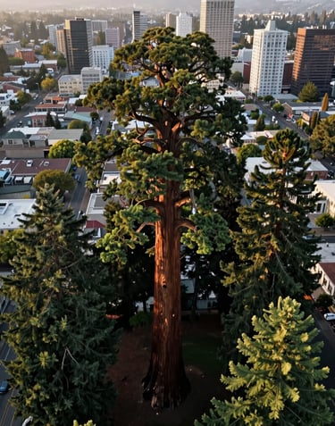 Cinematic aerial view of a single giant sequoia rising above the urban canopy of Eugene, Oregon. The surrounding neighborhood is visible in soft focus. Professional, majestic lighting with hints of sage and dark green.