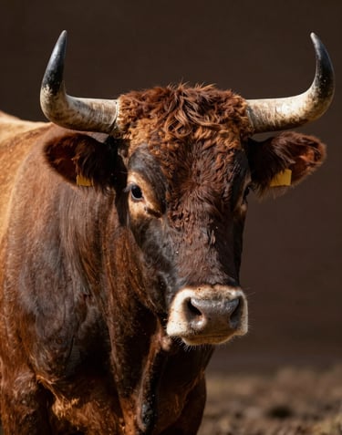 Close-up, detailed photography of a strong bull on a North American / US ranch. The lighting highlights the texture of the animal against a dark espresso background. Rustic and powerful.