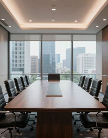An elegant meeting room with a large wooden table and views of a modern cityscape. The lighting is bright and professional. The image conveys high-level financial decisions and institutional stability.