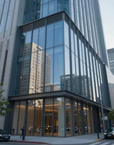 The facade of a luxury commercial building with glass and steel elements. Reflected in the glass are modern urban structures. The style is professional, using brand colors like deep blue and slate. Clean, wide-angle shot.