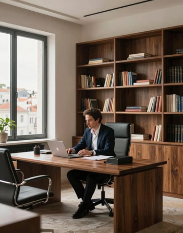 A professional real estate consultant in a modern, elegant office in Lisbon. The interior features deep walnut bookshelves and soft off-white walls. Large windows show a glimpse of the city. Southern European / Portuguese professionals at work.