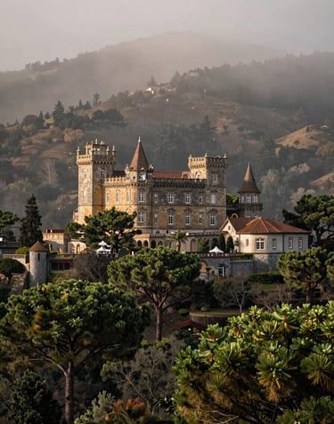 Wide landscape photography of the Sintra hills, showing a historic manor house nestled among green pines. The atmosphere is aspirational and misty, with soft lighting and a palette of muted bronze and deep walnut. Southern European / Portuguese setting.