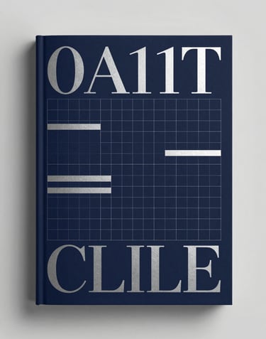 A high-end editorial book design featuring complex grid systems and experimental typography. The cover is a deep #0A1118 with silver foil accents. The composition is sleek and minimalist, shot against a neutral #ECF0F1 background.
