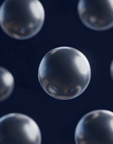 Abstract 3D render of floating liquid metal spheres in a dark navy void, metallic sheen, 2026 futuristic design trend, #0A1118 and #8D9FB5.