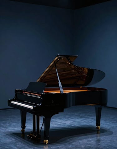 Atmospheric photography of a grand piano in a dark, minimalist hall, captured with a cinematic wide-angle lens and subtle deep blue stage lighting. International / Global.
