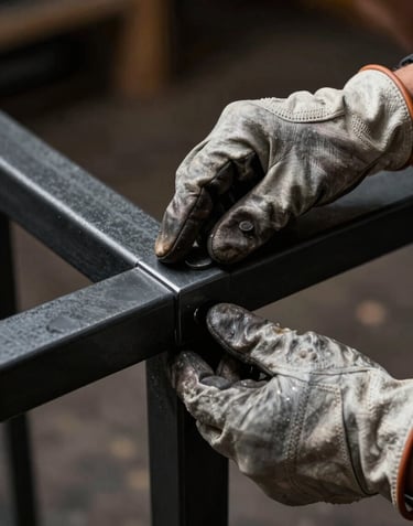 A close-up shot of a craftsman's hands wearing leather gloves, carefully inspecting a charcoal black steel railing. The lighting is dramatic and moody, emphasizing the texture of the metal and the precision of the industrial design.