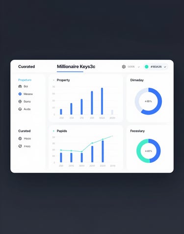 A minimalist, dark tech-themed UI showing property ROI metrics and a curated 'Millionaire Keys' dashboard. Sophisticated aesthetic with #1B3A36 background.