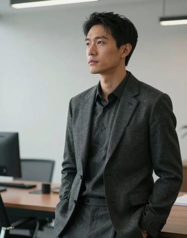 A portrait of a creative professional in a sophisticated, minimalist North American / US office setting, dressed in sharp, high-fashion charcoal clothing, looking confidently into the distance, soft studio lighting.