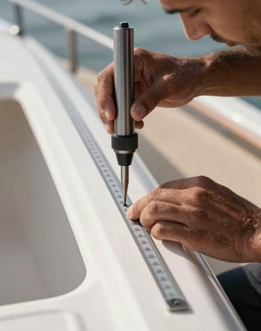 A precision tool being used by a skilled craftsman to measure the alignment on a yacht's fiberglass structure, emphasizing meticulous precision and care.