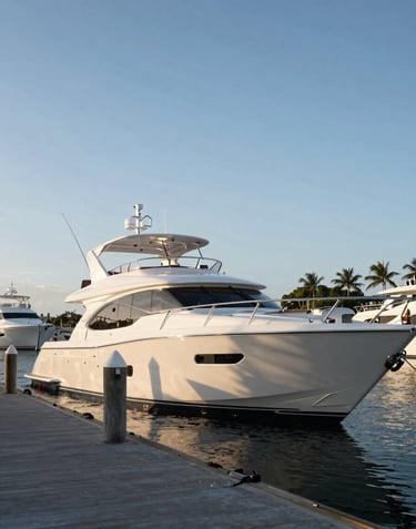 Side profile of a luxury sport-fishing yacht docked at a premium Florida marina, silver accents catching the morning sun, clean and professional composition.