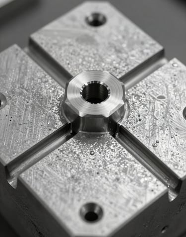 Detailed macro photography of a high-precision metal mold used for industrial casting, showing professional machining marks and silver metallic surfaces.