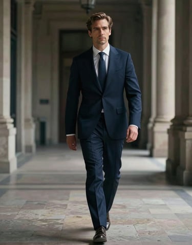 A wide cinematic shot of Frank Artus walking through an elegant architectural space. The style is high-fashion and sophisticated, with deep shadows #1A1C20 and sharp highlights. The mood is one of quiet authority and gravitas.